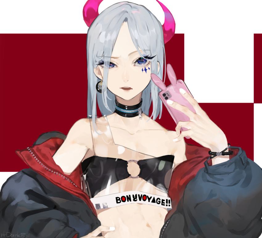 1girl bare_shoulders black_bra black_choker black_jacket blue_eyes bra choker collarbone crop_top demon_horns earrings facial_mark grey_hair hair_over_one_eye hand_on_hip hand_up highres holding holding_phone horns jacket jewelry looking_at_viewer medium_hair midriff nail_polish off_shoulder open_clothes open_jacket open_mouth original phone puffy_sleeves see-through sleeveless solo type-alpha underwear upper_body white_nails