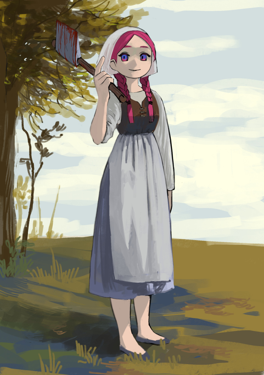 1girl absurdres apron arm_at_side arm_up axe bangs blood bloody_axe bloody_weapon blue_dress blue_eyes blue_footwear braid closed_mouth clouds cloudy_sky commentary_request day dress full_body grass highres holding holding_axe long_hair long_sleeves looking_at_viewer low_twin_braids multicolored multicolored_eyes original outdoors parted_bangs pink_eyes pink_hair sky sleeve_rolled_up smile solo standing sunlight tree turquoise_iro twin_braids veil weapon white_apron white_veil