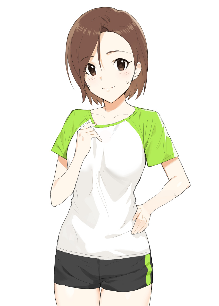 1girl absurdres bangs black_shorts blush brown_eyes brown_hair closed_mouth collarbone cowboy_shot eyebrows_visible_through_hair green_sleeves hair_between_eyes hand_on_hip highres idolmaster idolmaster_cinderella_girls looking_at_viewer mizuki_seira onao shiny shiny_hair shirt short_hair short_shorts short_sleeves shorts simple_background smile solo standing sweatdrop thigh_gap white_background white_shirt