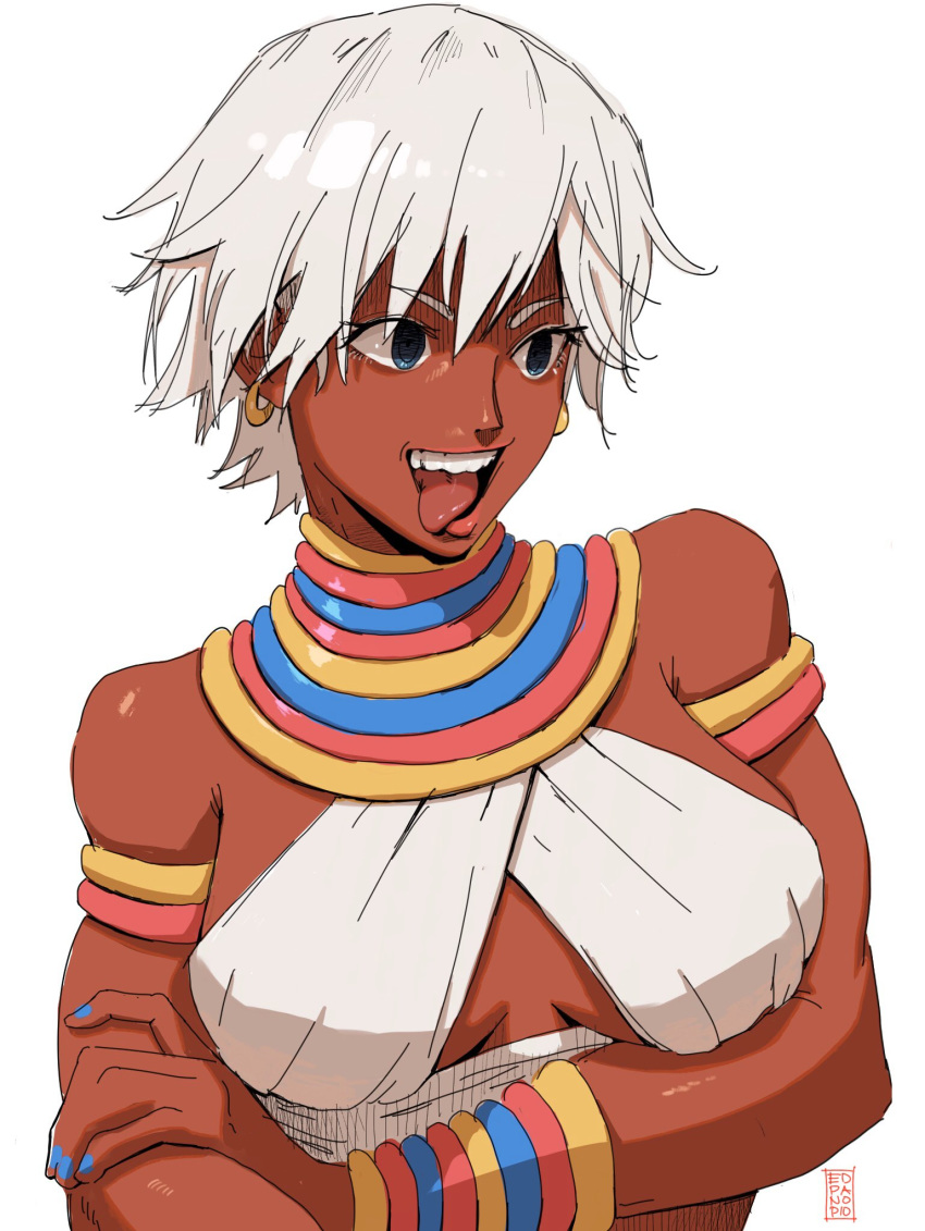 1girl armlet bare_shoulders blue_eyes blue_nails bracelet commentary dark_skin earrings edpan elena_(street_fighter) english_commentary fingernails highres jewelry nail_polish signature simple_background skindentation smile solo street_fighter street_fighter_iii_(series) tongue tongue_out upper_body usekh_collar white_background white_hair