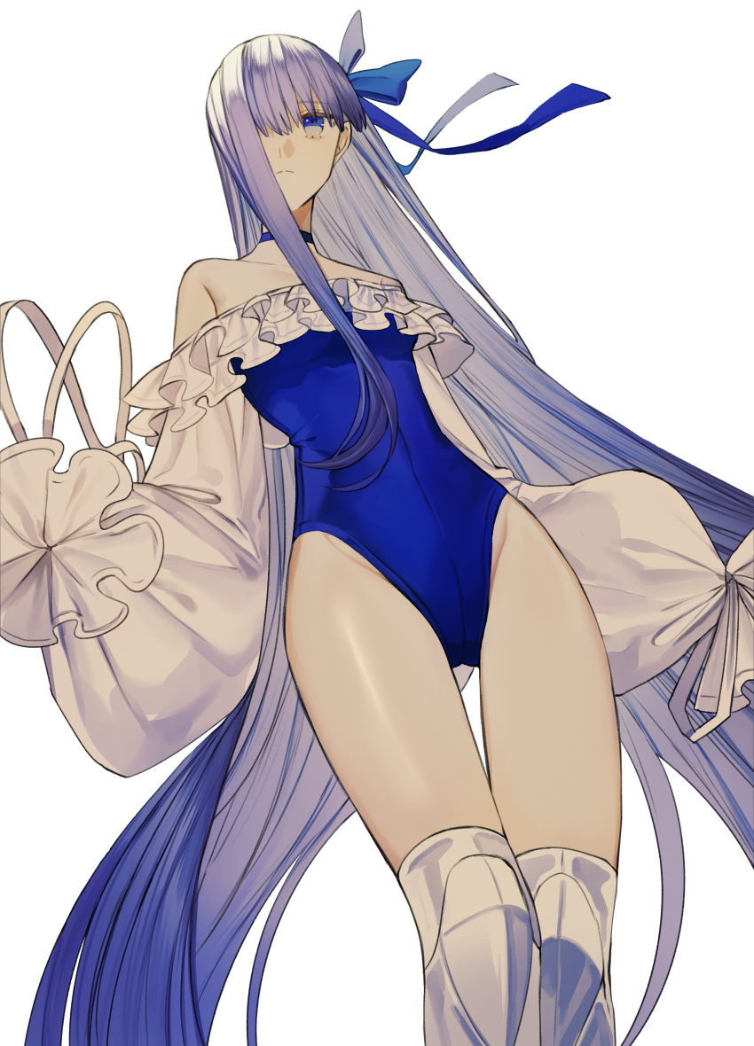 1girl absurdres albino_(a1b1n0623) blue_bow blue_choker blue_eyes blue_ribbon blue_swimsuit bow choker fate/grand_order fate_(series) greaves highleg highleg_swimsuit highres meltryllis meltryllis_(swimsuit_lancer)_(fate) prosthesis purple_hair ribbon sleeves_past_fingers sleeves_past_wrists solo strapless strapless_swimsuit swimsuit