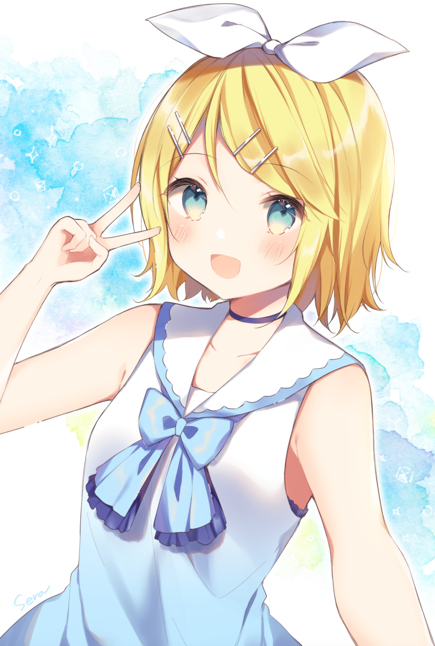 1girl aqua_eyes ascot bangs bare_shoulders blonde_hair blue_neckwear bow collar commentary cowboy_shot dress hair_bow hand_up highres kagamine_rin looking_at_viewer open_mouth sailor_collar shiino_sera shirt short_hair sleeveless sleeveless_shirt smile solo swept_bangs v vocaloid white_bow white_collar white_dress white_shirt