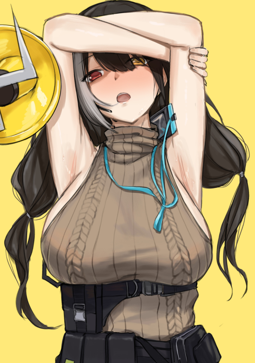 1girl absurdres armpits arms_up bangs black_hair blush breasts girls_frontline hair_between_eyes heterochromia highres id_card kuro_(zhurunbo1997) lanyard large_breasts long_hair low_twintails megaphone mod3_(girls_frontline) multicolored_hair open_mouth pouch red_eyes ribbed_sweater ro635_(girls_frontline) sleeveless sleeveless_sweater solo strap streaked_hair sweater turtleneck turtleneck_sweater twintails white_hair yellow_eyes