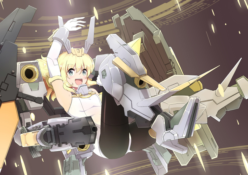 1girl :d absurdres armpits bangs bare_shoulders baselard black_legwear blonde_hair blush breasts commentary elbow_gloves eyebrows_visible_through_hair floating floating_hair frame_arms_girl full_body gloves green_eyes hair_between_eyes headgear highres leotard long_hair looking_at_viewer mecha_musume open_mouth pantyhose sidelocks small_breasts smile solo sudhiro_sappurisa thrusters white_gloves white_leotard