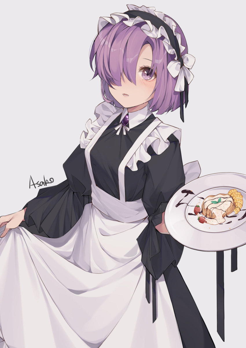 1girl :| apron blush closed_mouth fate/grand_order fate_(series) food frills hair_over_one_eye highres holding holding_plate looking_at_viewer maid maid_apron maid_headdress mash_kyrielight plate purple_hair short_hair solo suyi-j violet_eyes waist_apron waitress