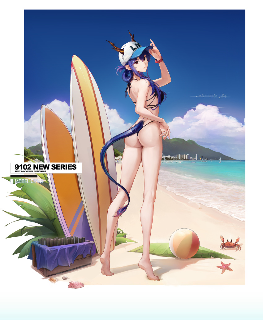 1girl absurdres adjusting_clothes adjusting_hat arknights ass ball bare_arms bare_legs bare_shoulders barefoot baseball_cap beachball bikini blue_hair blue_sky breasts ch'en_(arknights) character_name chinese_commentary commentary_request crab day dragon_horns dragon_tail full_body hand_up hat highres horns horns_through_headwear jeyu long_hair medium_breasts shadow sky solo standing starfish surfboard swimsuit tail thighs white_headwear