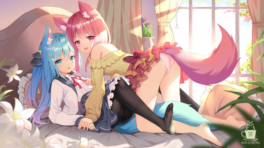 2girls :d aliter all_fours animal_ear_fluff animal_ears bare_shoulders bed black_legwear blue_eyes blue_hair blue_skirt bow collarbone curtains eyebrows_visible_through_hair fang flower fox_ears fox_tail hair_between_eyes hair_ornament hairpin highres holding_hands long_hair long_sleeves lying medium_hair multiple_girls no_shoes off_shoulder on_back open_mouth original panties panties_under_pantyhose pantyhose pink_eyes pink_panties pleated_skirt red_bow red_skirt school_uniform shirt skirt smile soles sweater tail thick_eyebrows underwear white_shirt window yellow_sweater yuri