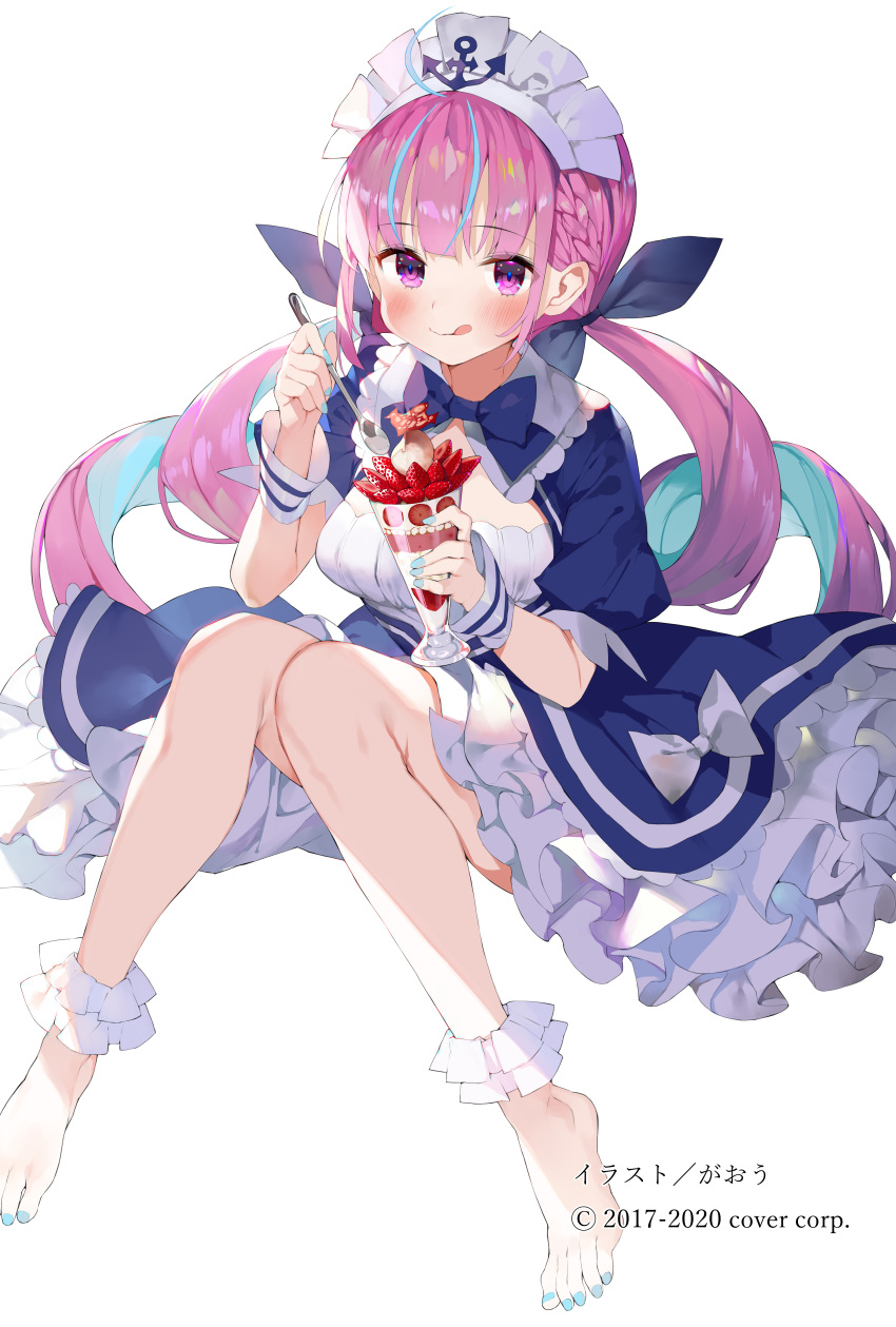 1girl absurdres ahoge anchor anchor_print anchor_symbol bangs barefoot blue_hair blue_nails blush bow braid breasts colored_inner_hair commentary_request dress drill_hair eyebrows_visible_through_hair fingernails food frills fruit hair_bow highres holding holding_spoon hololive ice_cream looking_at_viewer maid matsui_hiroaki medium_breasts minato_aqua multicolored_hair nail_polish official_art puffy_short_sleeves puffy_sleeves purple_hair shiny shiny_hair short_dress short_sleeves simple_background smile solo spoon strawberry sundae toenail_polish toes tongue tongue_out twintails violet_eyes virtual_youtuber white_background wrist_cuffs