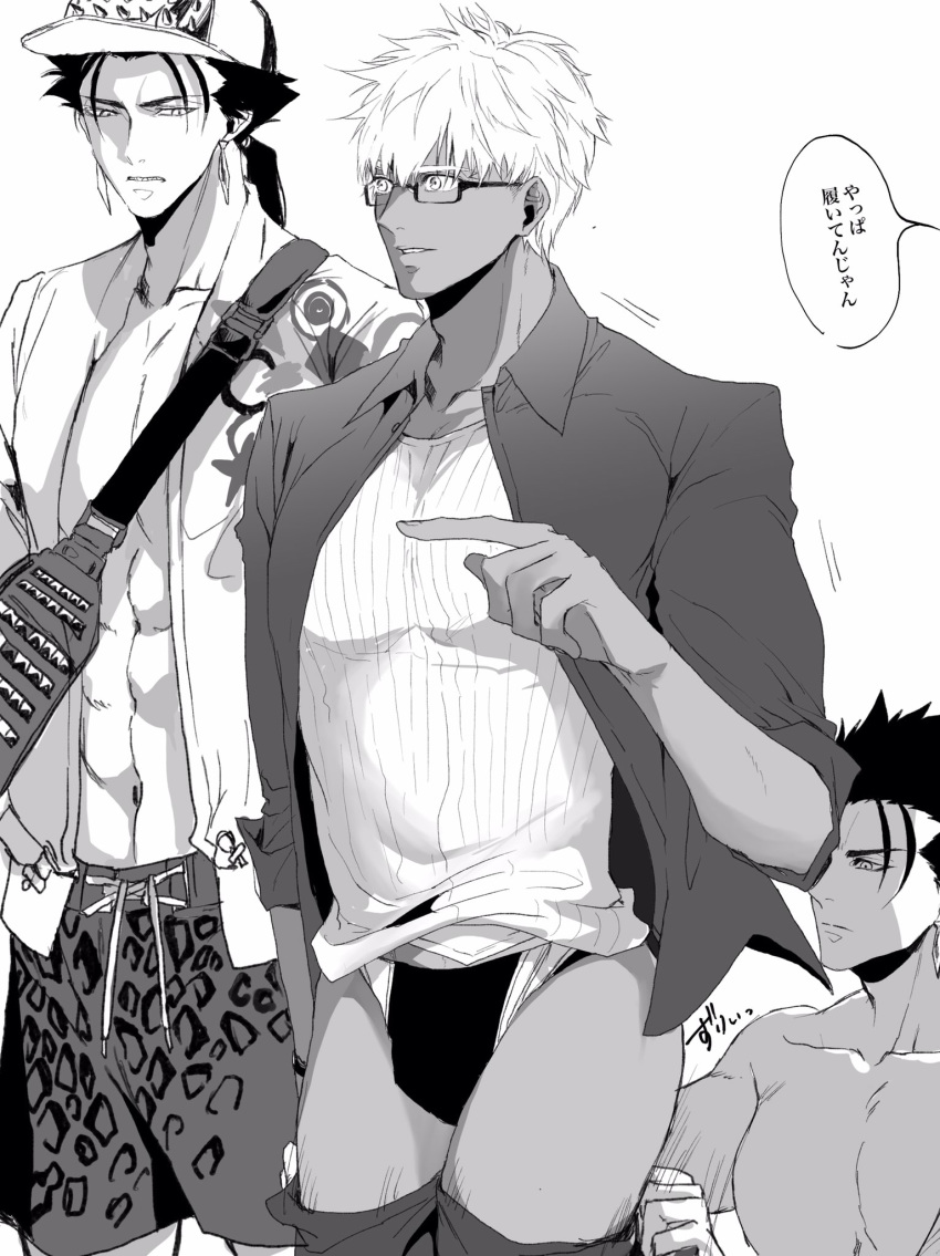 3boys abs animal_print archer assisted_exposure cowboy_shot cu_chulainn_(fate)_(all) dark_skin dark_skinned_male earrings fate/extella fate/extra fate/grand_order fate/stay_night fate/zero fate_(series) glasses greyscale highres jewelry lancer lancer_(fate/zero) leopard_print looking_at_another male_focus male_swimwear monochrome multiple_boys pantsing pointing simple_background swim_briefs swim_trunks swimwear undershirt white_background