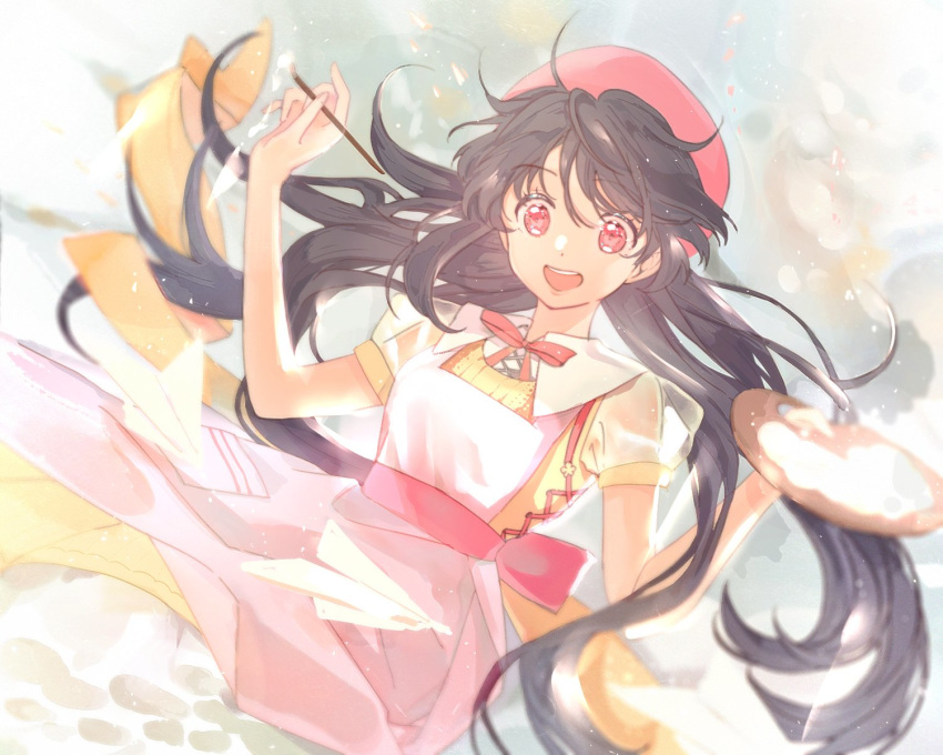1girl apron beret commentary dress duskloft frilled_dress frills hat highres holding holding_paintbrush long_hair open_mouth paintbrush palette pink_dress pink_headwear purple_hair red_eyes short_sleeves sitting smile solo very_long_hair vocaloid xin_hua