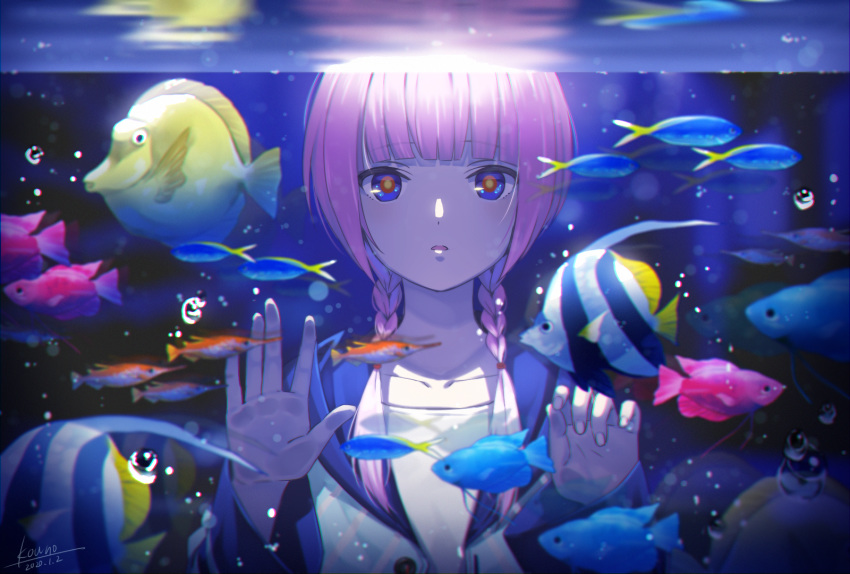 1girl aquarium bangs blue_eyes blush braid fish highres hood hood_down hooded_jacket jacket kaf kouno47 long_hair long_sleeves looking_at_viewer low_twin_braids multicolored multicolored_eyes parted_lips pink_hair red_eyes solo tropical_fish twin_braids underwater upper_body virtual_kaf virtual_youtuber yellow_eyes