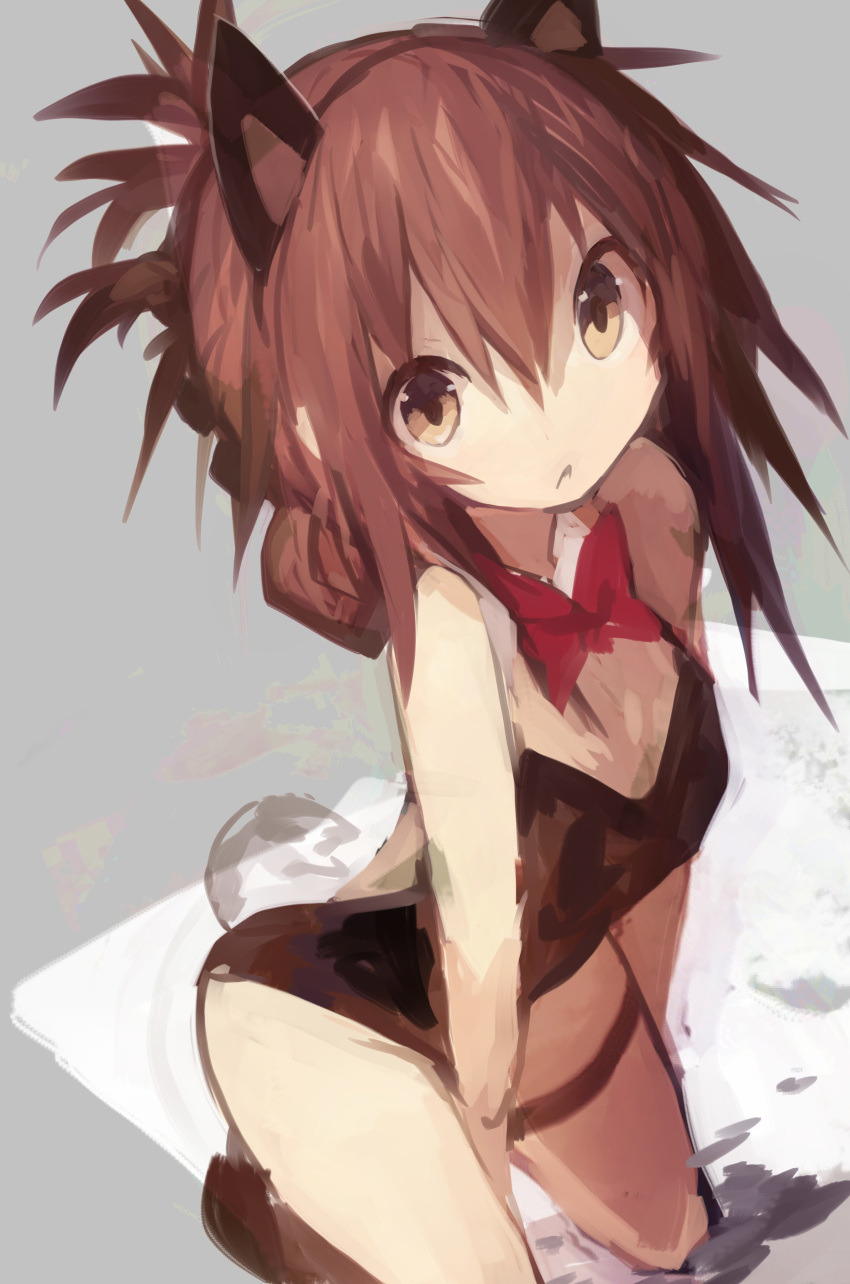 1girl absurdres alternate_costume animal_ears bangs black_leotard bow bowtie brown_hair bunny_tail bunnysuit detached_collar folded_ponytail hair_between_eyes highres inazuma_(kantai_collection) kaamin_(mariarose753) kantai_collection leotard ponytail red_neckwear simple_background solo tail thigh_strap two-tone_background yellow_eyes