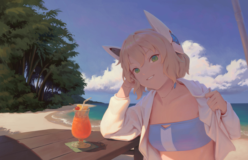 1girl android antica_(bigrbear) beach bigrbear bikini blonde_hair blue_bikini blue_sky breasts cherry clouds cocktail collarbone commentary cup day drinking_glass drinking_straw food fruit green_eyes hand_on_own_head head_rest head_tilt headgear highres joints lemon lemon_slice long_sleeves looking_at_viewer ocean open_clothes open_shirt original outdoors parted_lips robot_joints shirt short_hair sky small_breasts smile solo strapless strapless_bikini sunlight swimsuit tree upper_body water white_shirt wooden_table