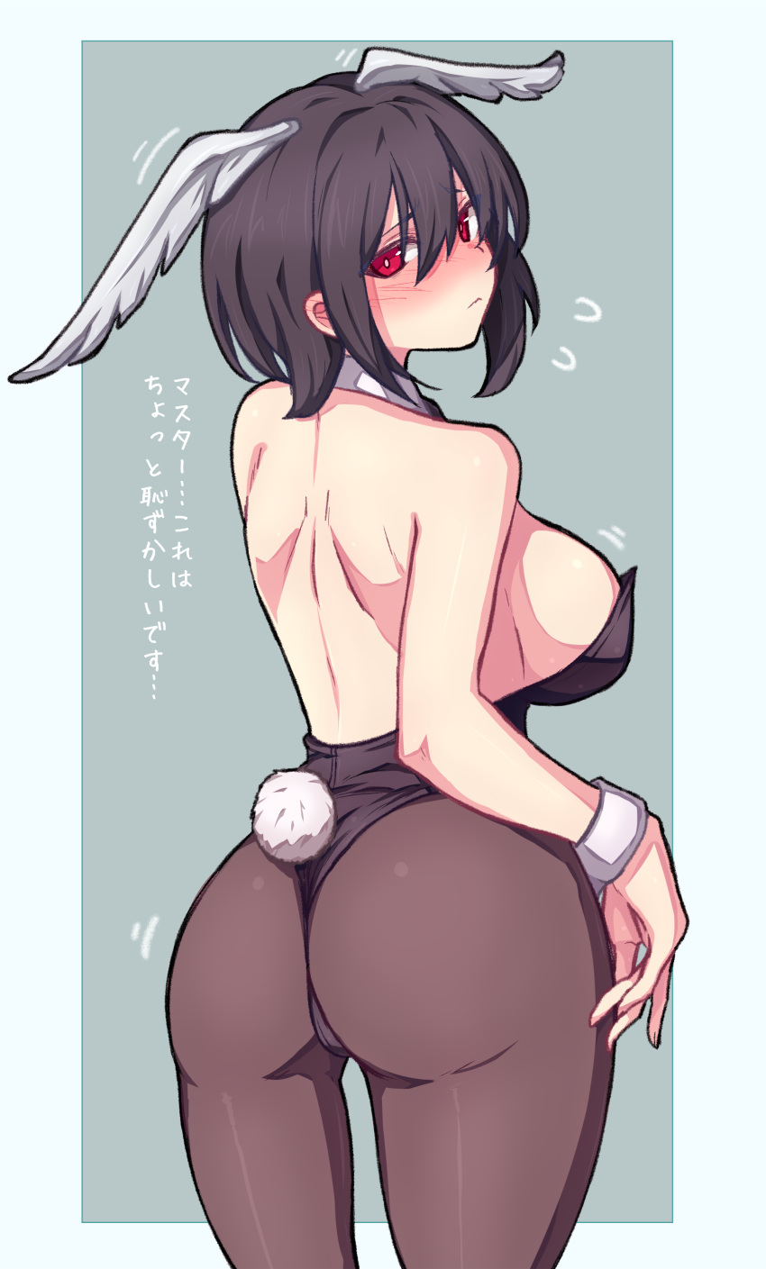 ... 1girl absurdres animal_ears ass back black_hair blue_background blush bunny_tail bunnysuit cowboy_shot detached_collar fate/grand_order fate_(series) flying_sweatdrops head_wings highres ishibori_eregomos leotard looking_at_viewer ortlinde_(fate/grand_order) pantyhose red_eyes short_hair simple_background solo standing tail translation_request two-tone_background valkyrie_(fate/grand_order) wrist_cuffs