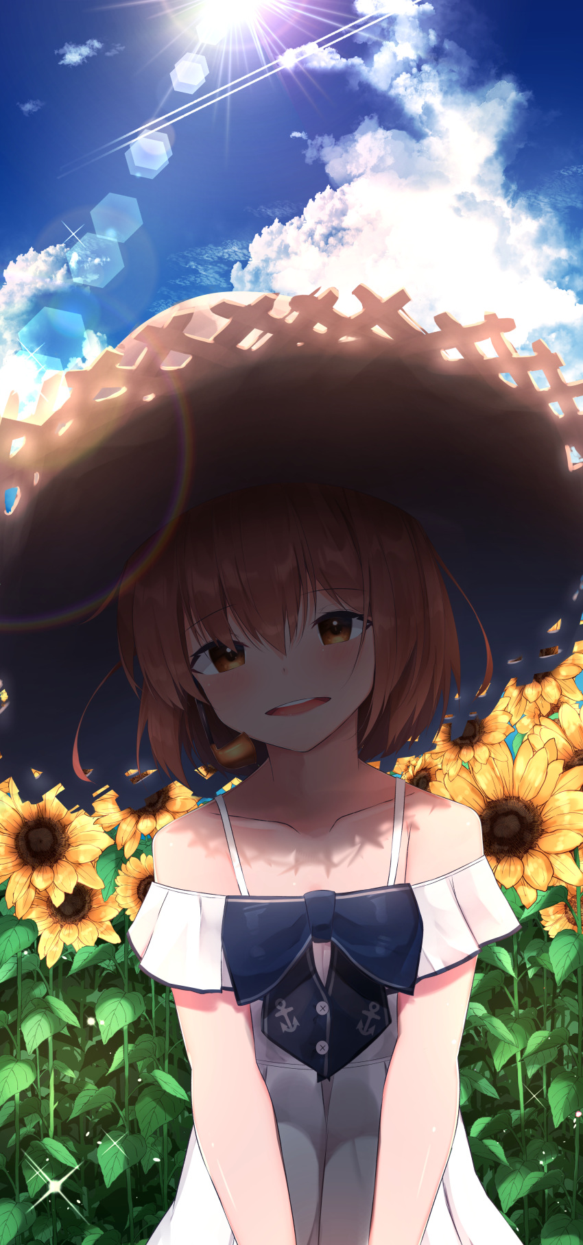 1girl absurdres bangs bare_shoulders blue_sky brown_eyes brown_hair clouds collarbone day dress eyebrows_visible_through_hair field flower flower_field hat highres kantai_collection looking_at_viewer open_mouth outdoors short_hair sky smile solo speaking_tube_headset straw_hat suisen-21 sun sunflower sunlight yukikaze_(kantai_collection)