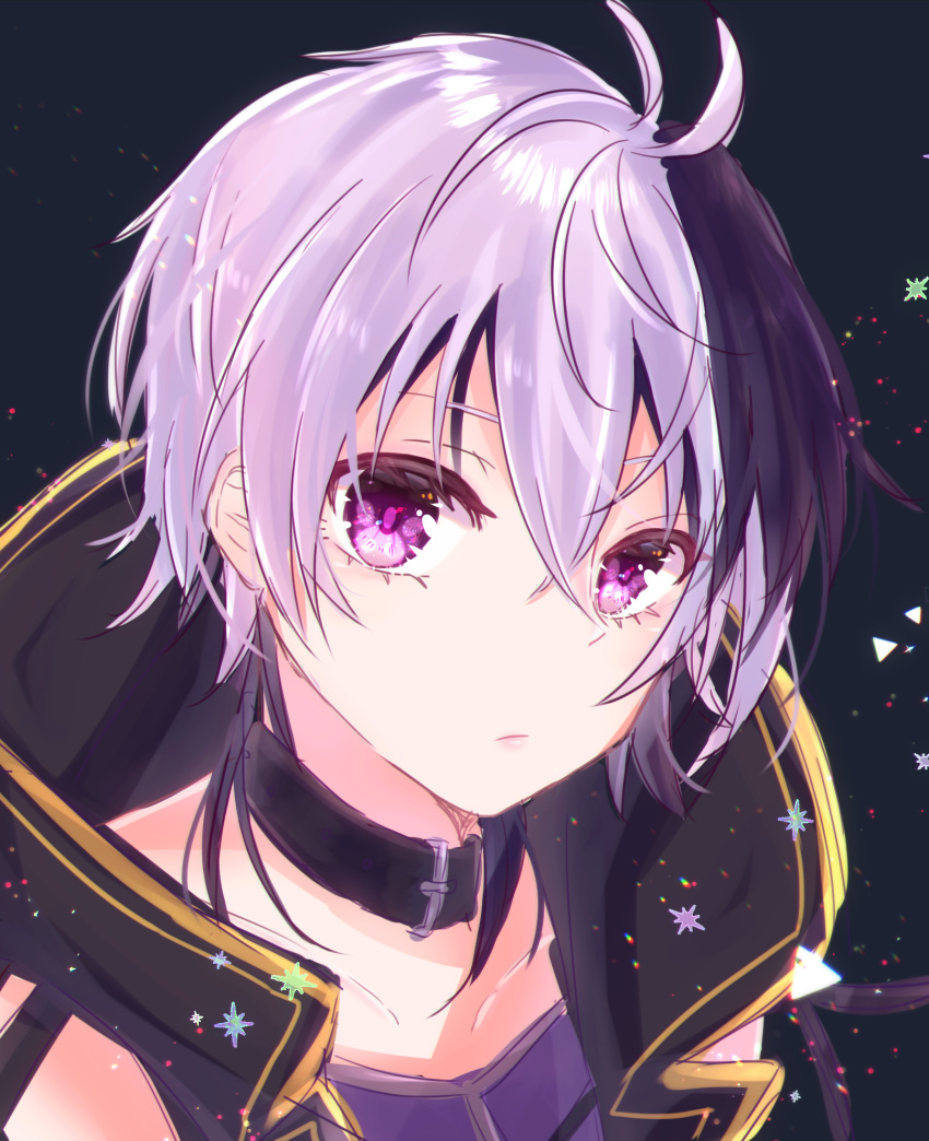 1girl belt_collar black_background collar commentary expressionless flower_(vocaloid) highres jacket light_particles lips looking_at_viewer multicolored_hair portrait purple_hair purple_jacket purple_shirt shirt short_hair sleeveless sleeveless_jacket solo streaked_hair tsukizuumi v_flower_(vocaloid4) violet_eyes vocaloid