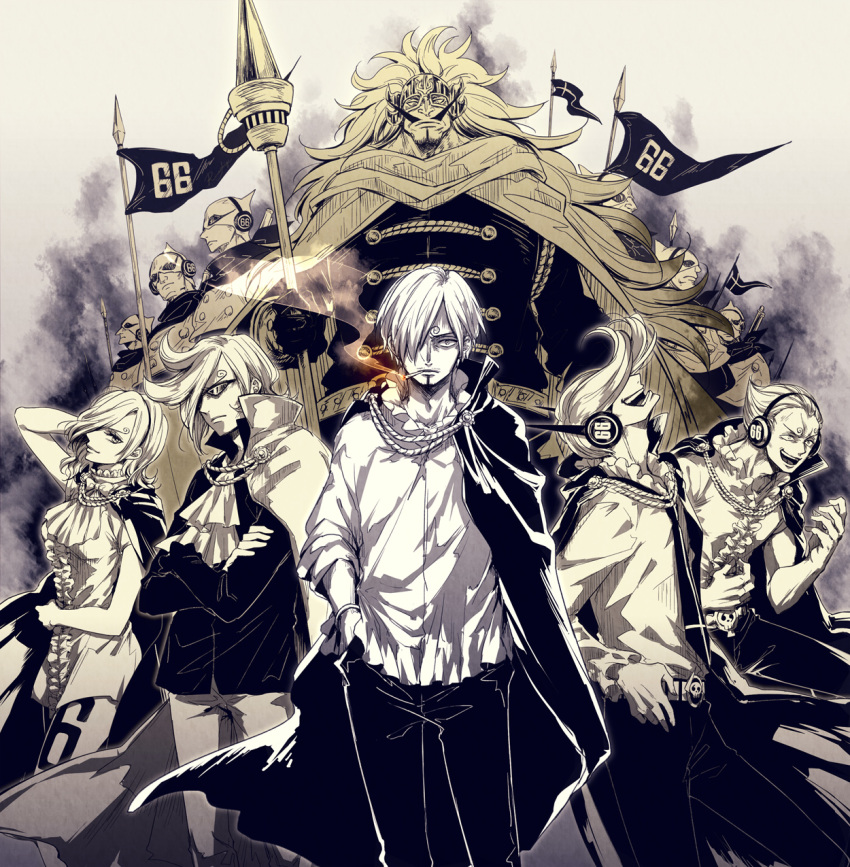 1girl 6+boys :d belt character_request cigarette dress facial_hair hair_over_one_eye headphones highres lanzhu looking_at_viewer mask monochrome multiple_boys mustache one_piece open_mouth sanji simple_background smile smoking standing sunglasses vinsmoke_reiju