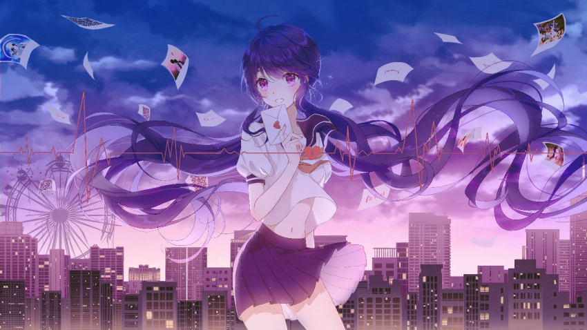 1girl ascot black_collar building cityscape clouds cloudy_sky collar cowboy_shot envelope ferris_wheel hand_up heart holding holding_envelope long_hair looking_at_viewer midriff miniskirt navel osagelts1213 photo_(object) pleated_skirt purple_hair purple_skirt red_neckwear sailor_collar school_uniform shirt short_sleeves skirt sky smile solo sorry sound_wave standing twilight twintails very_long_hair violet_eyes vocaloid white_shirt wind xin_hua