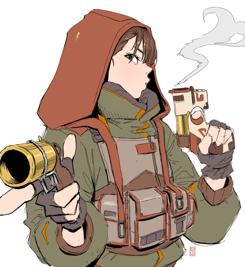 1girl blowing_smoke blush brown_eyes brown_hair commentary dual_wielding edpan english_commentary finger_on_trigger green_jacket gun highres holding holding_gun holding_weapon hood hood_up jacket looking_at_viewer original pouch profile signature simple_background smoke solo trigger_discipline upper_body weapon white_background