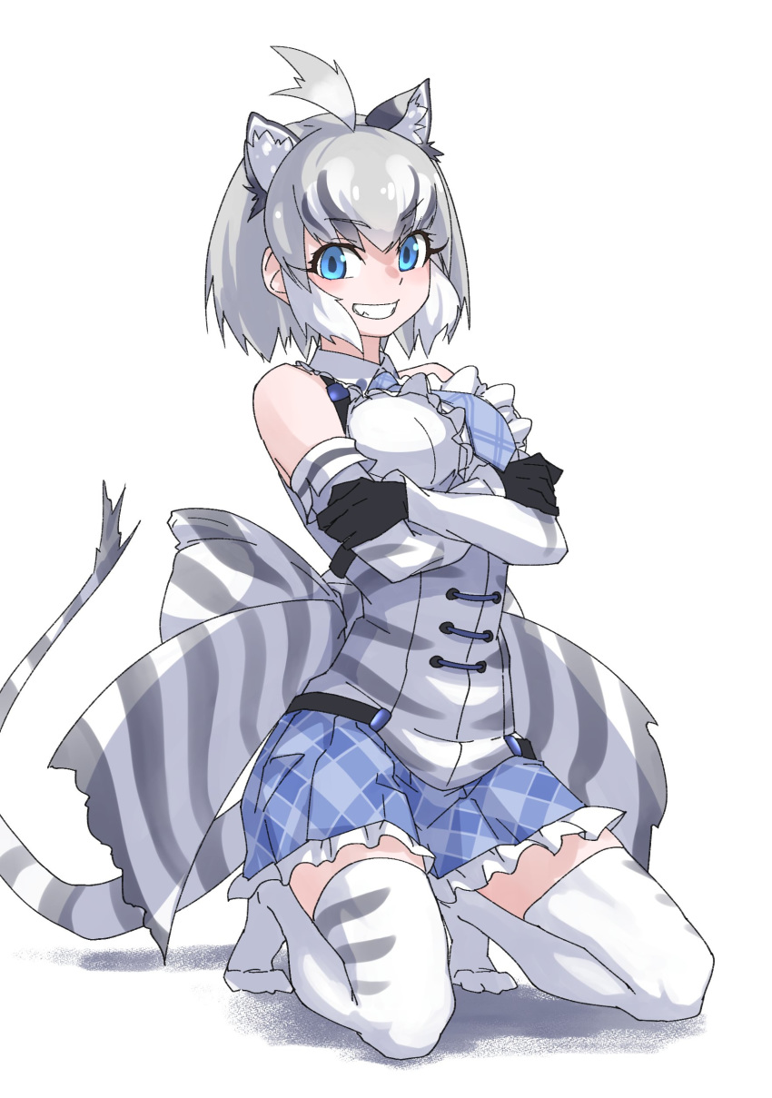 1girl absurdres ahoge animal_ears animal_print back_bow bangs bare_shoulders black_hair blue_eyes bow cat_girl cave_lion_(kemono_friends) center_frills crossed_arms detached_sleeves extra_ears eyebrows_visible_through_hair fangs frilled_skirt frills full_body gloves grey_hair grin hand_on_own_arm hands_on_own_arms highres huge_bow kemono_friends kneeling lion_ears lion_girl lion_tail looking_at_viewer multicolored_hair necktie no_shoes plaid plaid_neckwear plaid_skirt print_gloves print_legwear print_shirt shirt short_hair sidelocks simple_background skirt sleeveless sleeveless_shirt smile solo tail tanabe_(fueisei) teeth thigh-highs white_background white_hair zettai_ryouiki