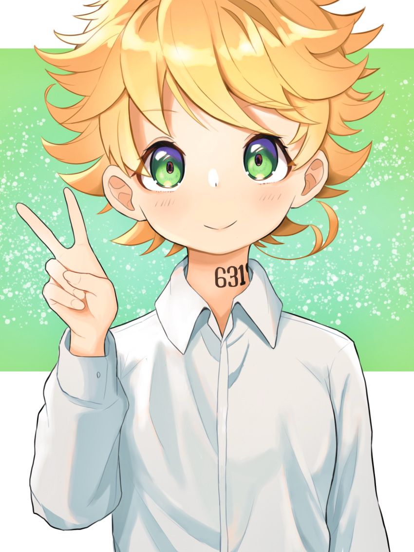 1girl 1ssakawaguchi ahoge bangs blush collared_shirt commentary_request dotted_background emma_(yakusoku_no_neverland) green_background green_eyes highres long_sleeves looking_at_viewer neck_tattoo number_tattoo orange_hair shirt short_hair smile solo spiky_hair tattoo two-tone_background upper_body v white_background white_shirt yakusoku_no_neverland