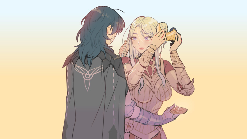 2girls armor back bandaid bandaid_on_face boobplate breastplate broken_armor byleth_(fire_emblem) byleth_eisner_(female) cape edelgard_von_hresvelg fire_emblem fire_emblem:_three_houses fire_emblem_heroes gradient gradient_background hair_down hand_in_another's_hair highres looking_at_another multiple_girls radiostarkiller scratches silver_hair upper_body yuri