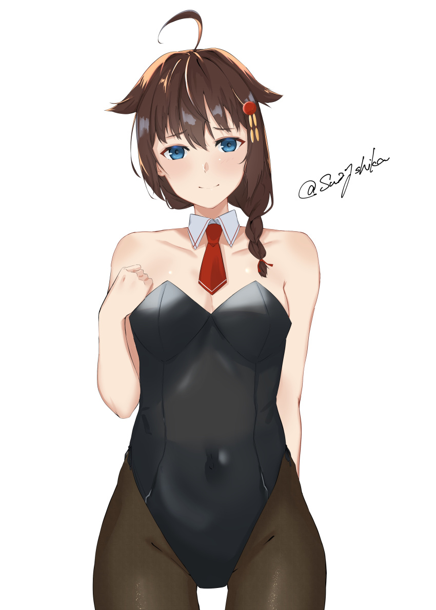 1girl absurdres ahoge black_legwear black_leotard blue_eyes braid breasts brown_hair collarbone covered_navel cowboy_shot detached_collar hair_flaps hair_ornament hair_over_shoulder highres kantai_collection leotard looking_at_viewer necktie playboy_bunny_leotard red_neckwear remodel_(kantai_collection) shigure_(kantai_collection) simple_background single_braid small_breasts solo standing strapless strapless_leotard sui_(sui27shika) twitter_username white_background