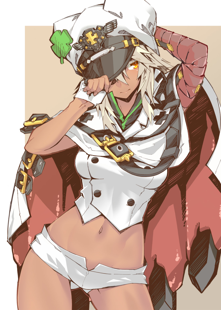 1girl bandaged_arm bandages breasts cape dark_skin fingerless_gloves gloves guilty_gear guilty_gear_strive hat highres long_hair midriff navel nayutarou_(nyt_kag) ramlethal_valentine short_shorts shorts solo white_gloves white_hair yellow_eyes