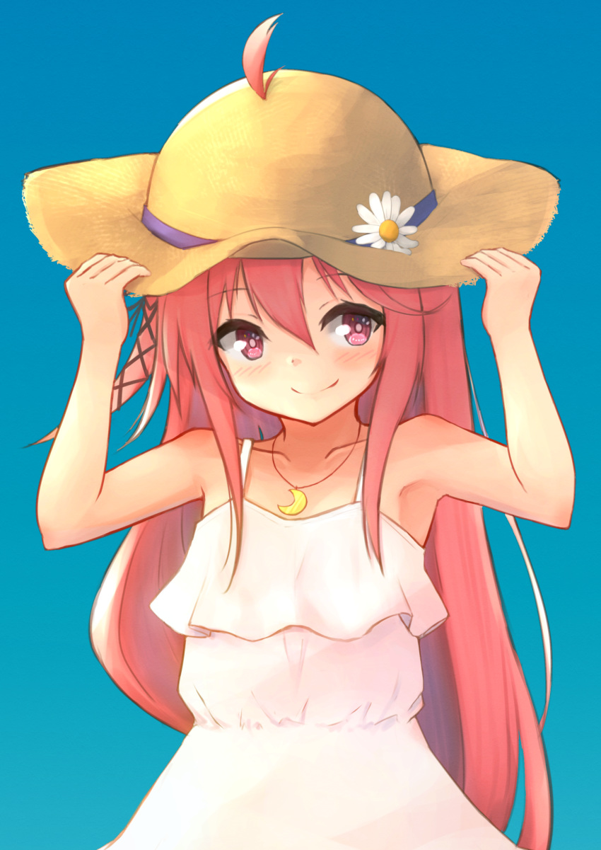 1girl ahoge blue_sky blush centi_mnkt closed_mouth clouds crescent_necklace dress eyebrows_visible_through_hair flower hair_between_eyes hair_through_headwear hat highres jewelry kantai_collection long_hair looking_to_the_side necklace outdoors pink_eyes redhead sky sleeveless sleeveless_dress smile solo straw_hat sundress uzuki_(kantai_collection) white_dress