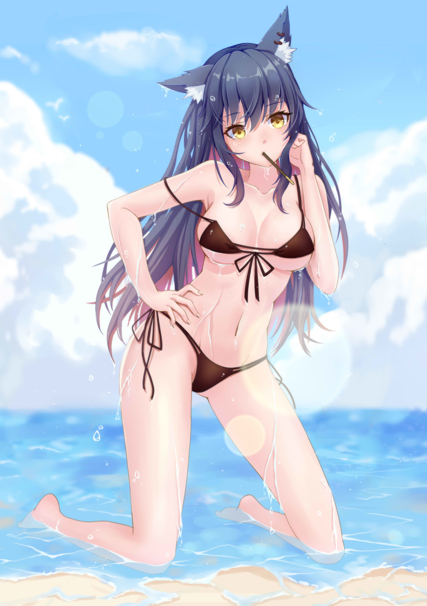 1girl absurdres animal_ear_fluff animal_ears arknights bangs bare_arms bare_legs bare_shoulders barefoot bikini black_bikini black_hair blue_sky breasts clouds commentary_request day eyebrows_visible_through_hair food food_in_mouth front-tie_bikini front-tie_top hair_between_eyes hand_on_hip hand_up highres kneeling lens_flare long_hair looking_at_viewer medium_breasts mouth_hold navel outdoors pocky side-tie_bikini sky solo stomach strap_slip swimsuit texas_(arknights) thighs very_long_hair water wet wolf_ears yellow_eyes yiqian_esen