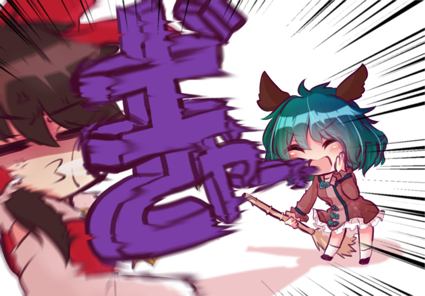 2girls :d =_= ^_^ ahoge anger_vein animal_ears bamboo_broom blush bow broom brown_dress brown_hair chibi closed_eyes detached_sleeves dog_ears dress emphasis_lines eyebrows_visible_through_hair frills full_body green_hair hair_between_eyes hair_bow hair_tubes hakurei_reimu hand_on_own_cheek holding holding_broom in_the_face japanese_clothes kasodani_kyouko long_sleeves loud miko motion_blur multiple_girls o3o open_mouth red_bow shaded_face short_hair shouting sidelocks simple_background smile spitting standing touhou translation_request unime_seaflower upper_body v-shaped_eyebrows white_background