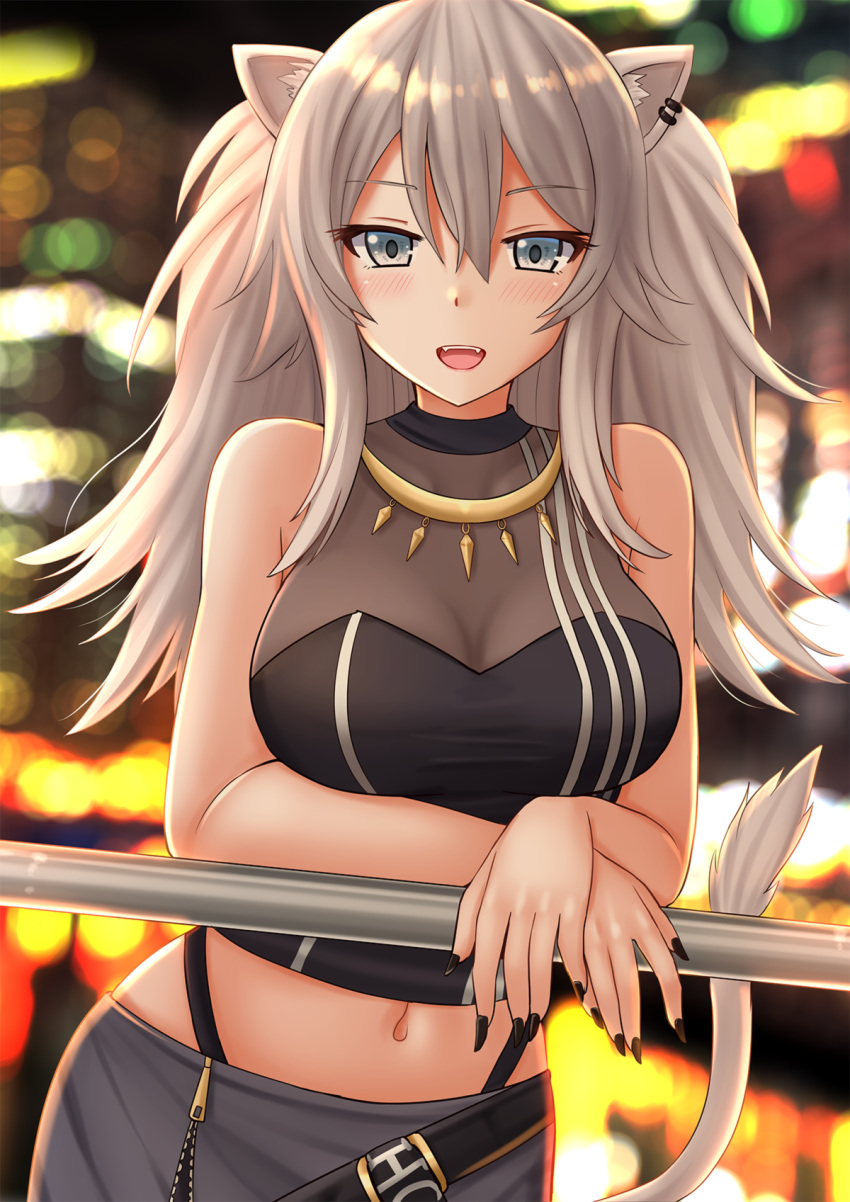 1girl :d animal_ears bangs bare_arms bare_shoulders black_nails black_shirt blush breasts commentary crop_top eyebrows_visible_through_hair fangs grey_eyes hair_between_eyes highres hololive jewelry kazenokaze large_breasts lion_ears lion_tail long_hair looking_at_viewer midriff nail_polish navel necklace open_mouth shirt shishiro_botan silver_hair sleeveless sleeveless_shirt smile solo tail upper_body
