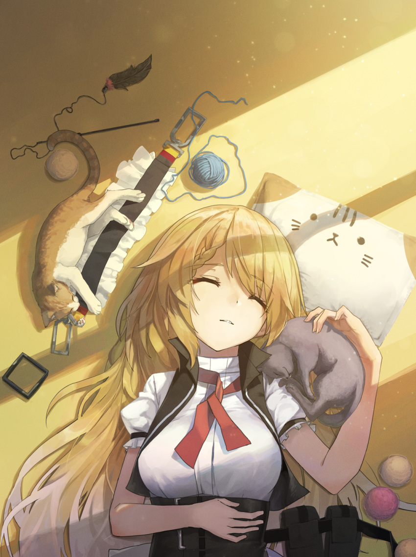 1girl bangs blonde_hair braid cat eyebrows_visible_through_hair g36_(girls_frontline) girls_frontline hair_ornament_removed highres light_particles long_hair lying maid_headdress mixed-language_commentary on_back parted_lips pillow pouch puffy_short_sleeves puffy_sleeves red_neckwear shirt short_sleeves sleeping upper_body vikpie white_shirt yarn yarn_ball