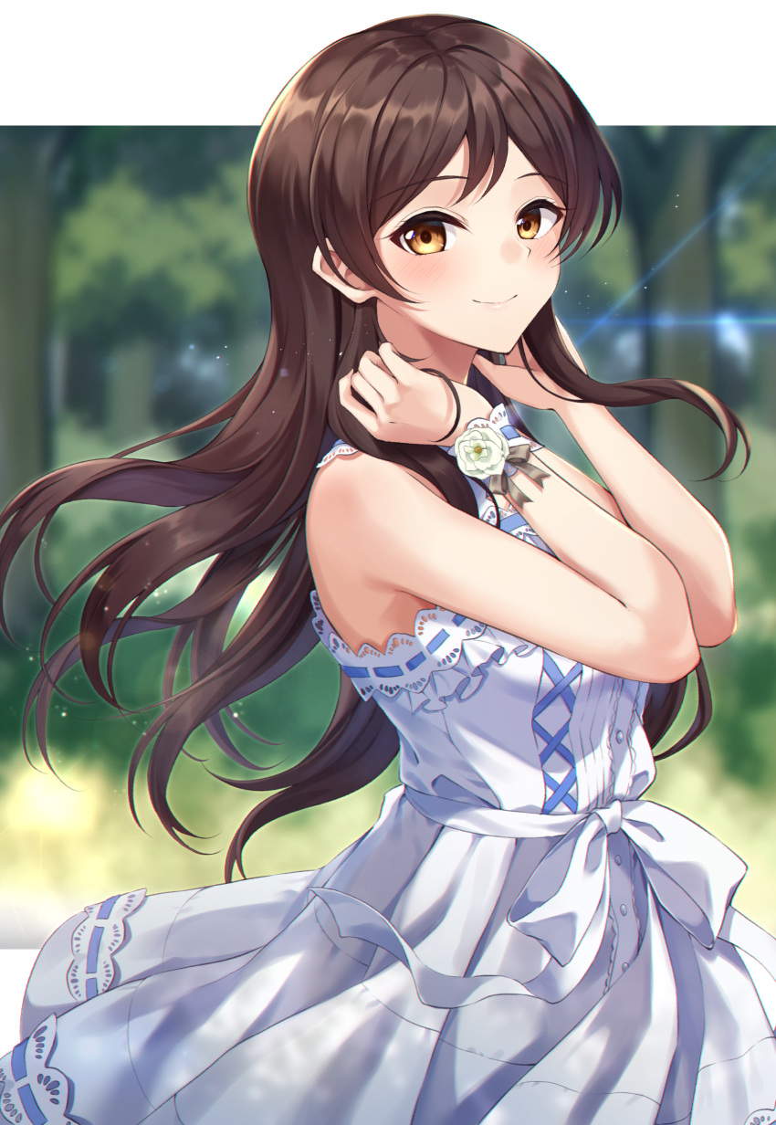 1girl absurdres bangs bare_arms bare_shoulders blue_ribbon blurry blurry_background blush brown_eyes brown_hair buttons closed_mouth cowboy_shot cross-laced_clothes day dress eyebrows_visible_through_hair floating_hair flower frilled_dress frills hands_up highres idolmaster idolmaster_million_live! idolmaster_million_live!_theater_days kitazawa_shiho kurousagi_yuu lens_flare light_particles long_hair looking_at_viewer outdoors outside_border ribbon ribbon-trimmed_dress ribbon_trim rose sleeveless sleeveless_dress smile solo standing sundress tree wavy_hair white_dress white_flower white_rose wrist_cuffs
