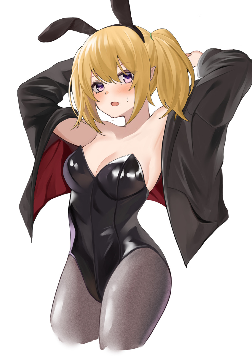 1girl :o alternate_costume animal_ears armpits arms_up bangs black_jacket black_leotard blonde_hair blush boxreeema bunnysuit chloe_(princess_connect!) commentary_request cropped_legs elf eyebrows_visible_through_hair fake_animal_ears grey_legwear highres jacket leotard long_hair long_sleeves looking_at_viewer open_clothes open_jacket open_mouth pantyhose pointy_ears princess_connect! princess_connect!_re:dive rabbit_ears sidelocks solo strapless strapless_leotard sweat twintails