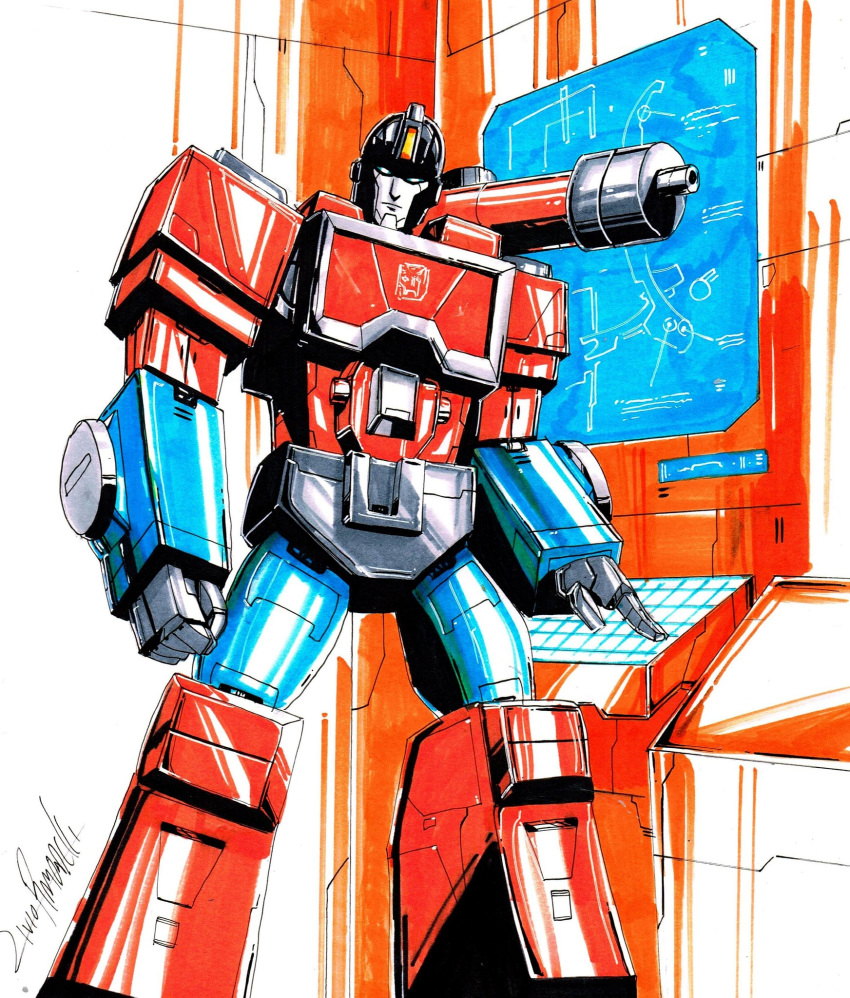 autobot blue_eyes clenched_hand commission english_commentary highres livioramondelli looking_at_viewer mecha no_humans open_hand perceptor shoulder_cannon signature solo traditional_media transformers