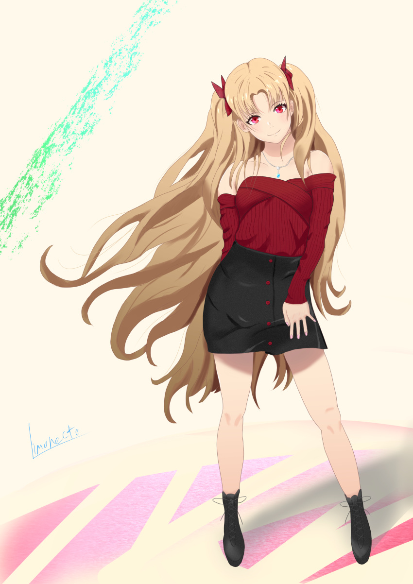 1girl absurdres bangs bare_shoulders black_footwear black_skirt blonde_hair casual collarbone commentary_request contemporary ereshkigal_(fate/grand_order) fate/grand_order fate_(series) hair_ribbon head_tilt highres jewelry limonecto long_hair looking_at_viewer necklace off-shoulder_shirt off_shoulder parted_bangs red_eyes red_ribbon red_shirt ribbed_shirt ribbon shirt signature skirt smile solo two_side_up very_long_hair