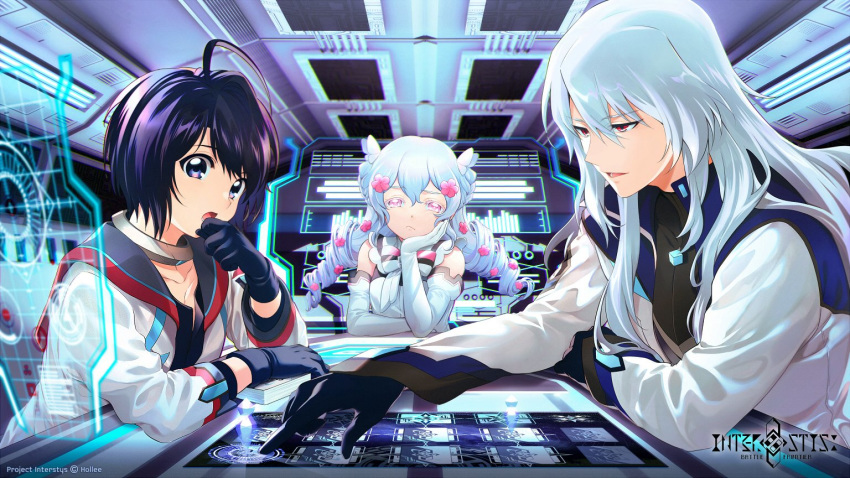 1girl 2boys ahoge black_gloves black_hair blue_eyes blue_hair bow braid butterfly_hair_ornament card chin_rest closed_mouth collar collarbone commentary_request copyright_name drill_hair elbow_gloves flower gloves hair_flower hair_ornament indoors interstys:_battle_frontier jacket kaze-hime long_hair long_sleeves multiple_boys open_mouth pink_eyes pink_flower pointing pout red_eyes short_hair table twin_drills twintails white_gloves white_hair white_jacket