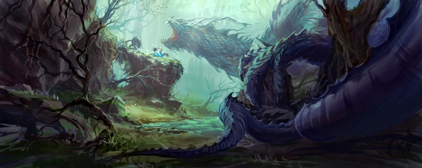 2others bare_tree commentary day dragon fantasy highres holding holding_shield holding_sword holding_weapon krita_(medium) multiple_others nature original outdoors philipp_urlich scales scenery sharp_teeth shield speedpaint swamp sword teeth tree weapon