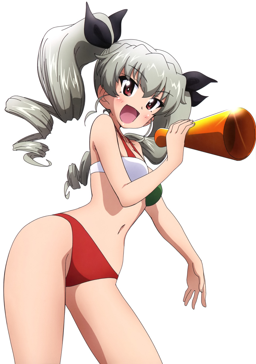 1girl absurdres anchovy_(girls_und_panzer) bikini black_ribbon blush breasts brown_eyes collarbone drill_hair eyebrows_visible_through_hair girls_und_panzer green_hair hair_ribbon highres kanau long_hair looking_at_viewer medium_breasts navel open_mouth ribbon simple_background smile solo swimsuit twin_drills very_long_hair white_background