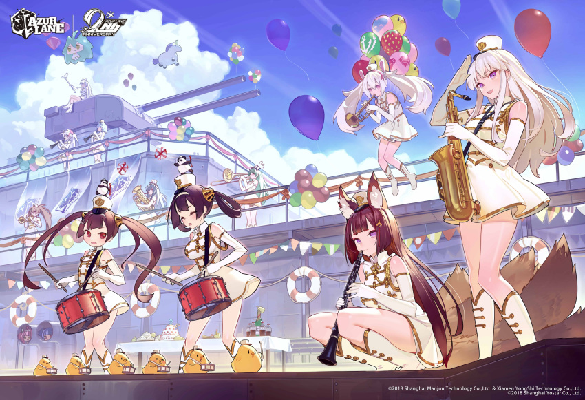 6+girls :d absurdres aiguillette akashi_(azur_lane) amagi_(azur_lane) animal_ears anniversary azur_lane balloon banner bare_shoulders belfast_(azur_lane) bird blue_sky boots breasts brown_hair cake chapayev_(azur_lane) chick clarinet closed_eyes clouds day dress drum elbow_gloves enterprise_(azur_lane) flying_sweatdrops food fox_ears fox_girl fox_tail gloves gold_trim hair_rings highres instrument jean_bart_(azur_lane) knee_boots laffey_(azur_lane) large_breasts lifebuoy littorio_(azur_lane) long_hair looking_at_viewer manjuu_(azur_lane) multiple_girls multiple_tails music ning_hai_(azur_lane) official_art open_mouth outdoors panda ping_hai_(azur_lane) pipe playing_instrument prinz_eugen_(azur_lane) purple_hair rabbit_ears red_eyes saint-louis_(azur_lane) salute saxophone sky sleeveless sleeveless_dress smile squatting standing stuffed_alicorn table tail thighs tiara tim_loechner trombone trumpet turret twintails u-556_(azur_lane) u-81_(azur_lane) very_long_hair violet_eyes watermark white_dress white_footwear white_gloves white_hair white_headwear