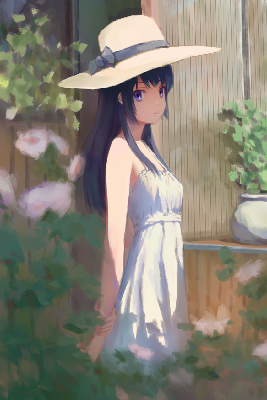 1girl arm_behind_back bare_shoulders black_hair dress hat hibike!_euphonium highres kousaka_reina long_hair looking_at_viewer smile solo strapless strapless_dress straw_hat sundress violet_eyes viscum white_dress