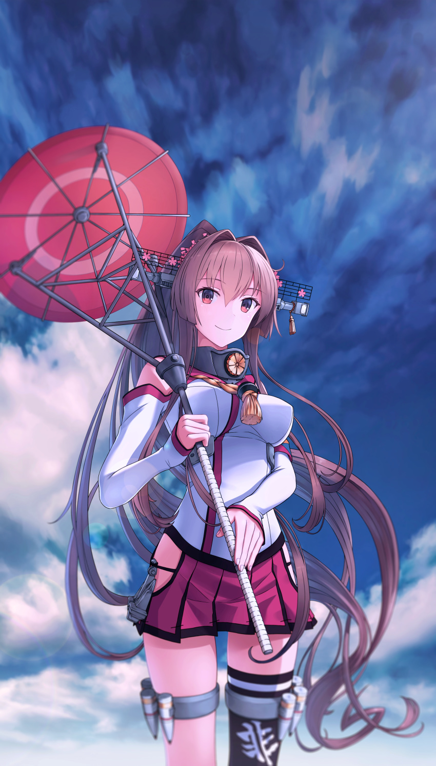 1girl absurdres bare_shoulders black_legwear breasts brown_eyes brown_hair closed_eyes clothes_writing detached_sleeves eyebrows_visible_through_hair flower hair_between_eyes hair_flower hair_ornament highres holding holding_umbrella huge_filesize kantai_collection large_breasts long_hair oriental_umbrella pink_flower pleated_skirt rankebu red_skirt red_umbrella single_thighhigh skirt smile solo thigh-highs umbrella yamato_(kantai_collection)