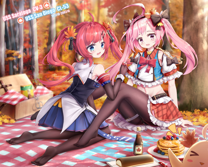 2girls :d absurdres ahoge aiguillette arm_cuffs arm_support armpit_peek autumn autumn_leaves azur_lane bangs bare_shoulders basket belt black_belt black_bow black_hairband black_legwear black_ribbon blanket blue_eyes blue_shirt blue_skirt blueberry blurry blurry_background blush bow breasts character_name collared_shirt commentary_request crop_top dappled_sunlight detached_sleeves elbow_gloves eyebrows_visible_through_hair fingerless_gloves food frilled_shirt frilled_skirt frilled_sleeves frills fruit full_body gloves grass groin hair_between_eyes hair_bow hair_ornament hairband highres hjhhzb holding holding_spoon huge_ahoge huge_filesize knife large_breasts leaf_hair_ornament light_rays long_hair looking_at_viewer manjuu_(azur_lane) maple_syrup midriff multiple_girls navel no_shoes notice_lines open_mouth outdoors pancake panties panties_under_pantyhose pantyhose photobomb picnic picnic_basket pink_hair plaid plaid_shirt plaid_skirt pleated_skirt red_skirt redhead retrofit_(azur_lane) ribbon san_diego_(azur_lane) saratoga_(azur_lane) seiza shirt sidelocks sitting skirt sleeveless sleeveless_shirt small_breasts smile spoon stack_of_pancakes strawberry sunbeam sunlight thigh-highs thigh_strap tree twintails underwear violet_eyes white_shirt white_sleeves