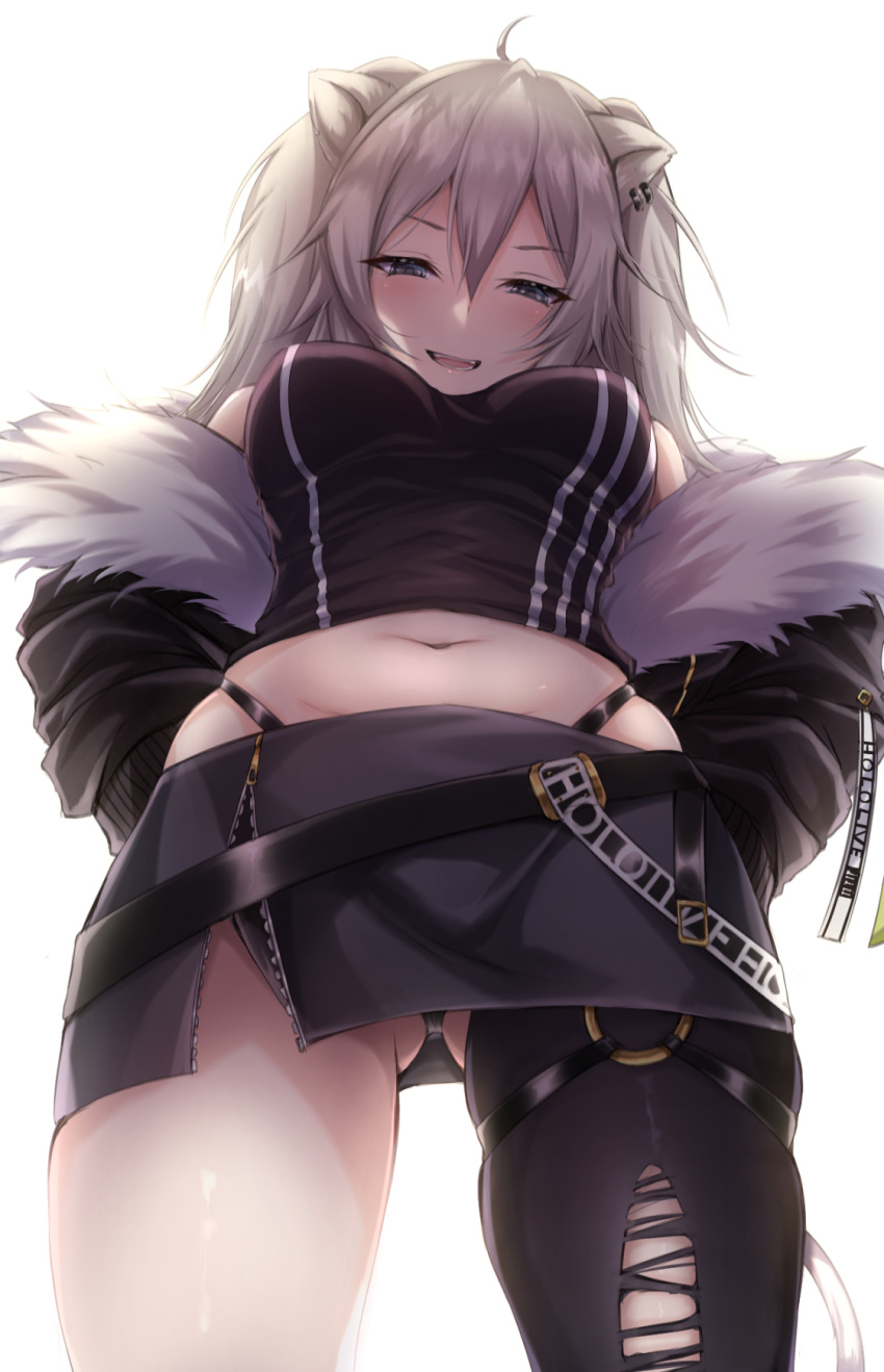 1girl :d ahoge animal_ears ass_visible_through_thighs bare_shoulders black_panties blush breasts earrings eyebrows_visible_through_hair from_below fur-trimmed_jacket fur_trim grey_eyes grey_hair hair_between_eyes highres hololive jacket jewelry large_breasts lion_ears lion_girl lion_tail long_hair looking_at_viewer midriff open_mouth panties shimo_(depthbomb) shirt shishiro_botan single_leg_pantyhose skindentation skirt sleeveless sleeveless_shirt smile solo tail thigh_strap thighs torn_clothes torn_legwear underwear unzipped virtual_youtuber