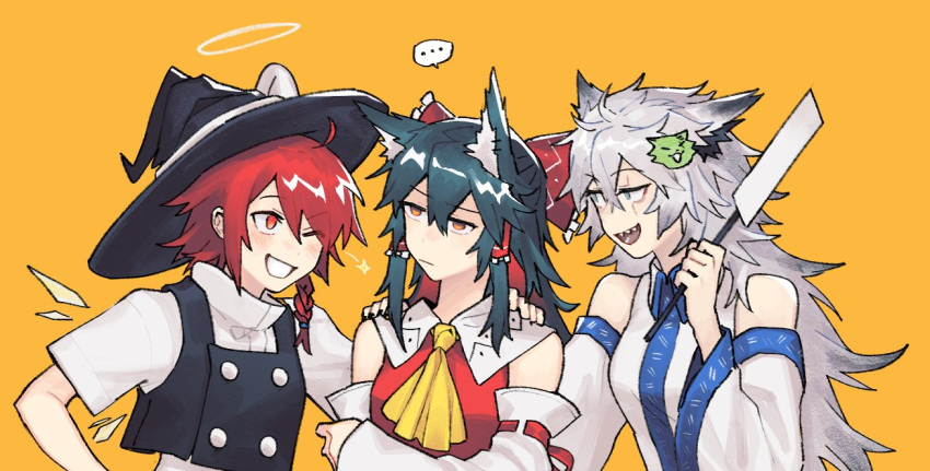 ... 3girls alternate_hairstyle animal_ears arknights bare_shoulders black_hair black_headwear blue_eyes bow cosplay crossed_arms exusiai_(arknights) hair_bow hair_ornament hakurei_reimu hakurei_reimu_(cosplay) halo hand_on_another's_shoulder hat kirisame_marisa kirisame_marisa_(cosplay) kochiya_sanae kochiya_sanae_(cosplay) lappland_(arknights) looking_at_another multiple_girls orange_background red_bow redhead scar scar_across_eye spoken_ellipsis texas_(arknights) touhou upper_body vento white_hair witch_hat wolf_ears