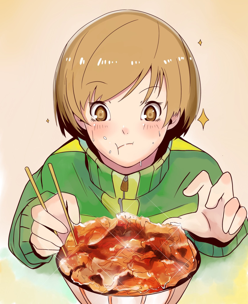 1girl artist_request bowl brown_eyes brown_hair chopsticks eating food highres holding holding_chopsticks jacket number persona persona_4 satonaka_chie short_hair solo