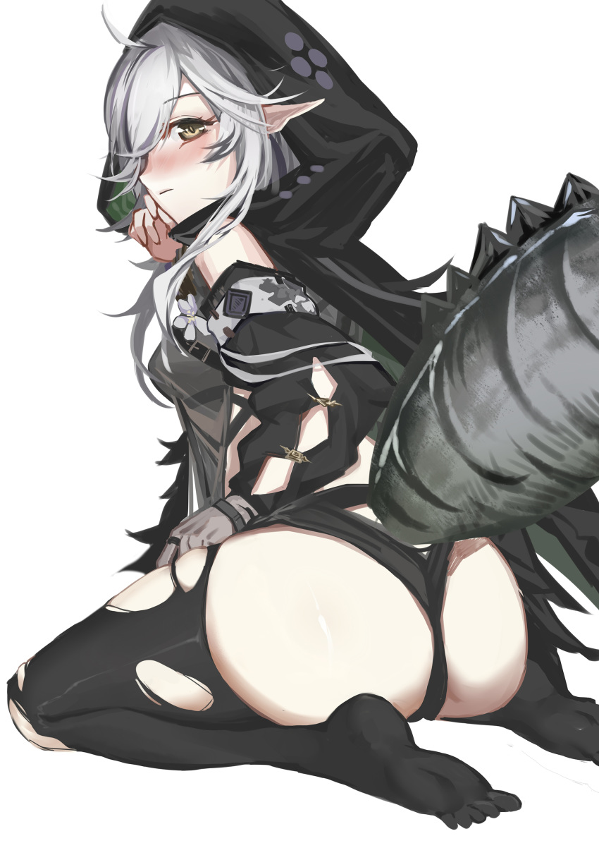 1girl absurdres ahoge arknights ass bangs bare_shoulders black_legwear blush commentary_request from_behind grey_eyes highres hongbaise_raw hood large_tail long_sleeves looking_back no_shoes pointy_ears seiza silver_hair sitting solo tail thick_thighs thigh-highs thighs tomimi_(arknights) torn_clothes torn_legwear