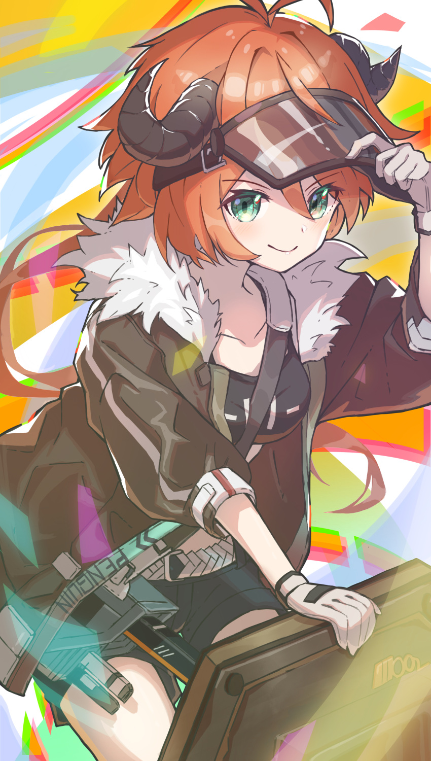 1girl absurdres adjusting_clothes adjusting_hat antenna_hair arknights arm_up bangs black_jacket black_shorts breasts commentary_request croissant_(arknights) eyebrows_visible_through_hair fur-trimmed_jacket fur_trim furuki_ayaginutaira gloves green_eyes hair_between_eyes hat highres horns jacket long_sleeves looking_at_viewer orange_hair partial_commentary short_hair short_shorts shorts small_breasts smile solo visor_cap white_gloves