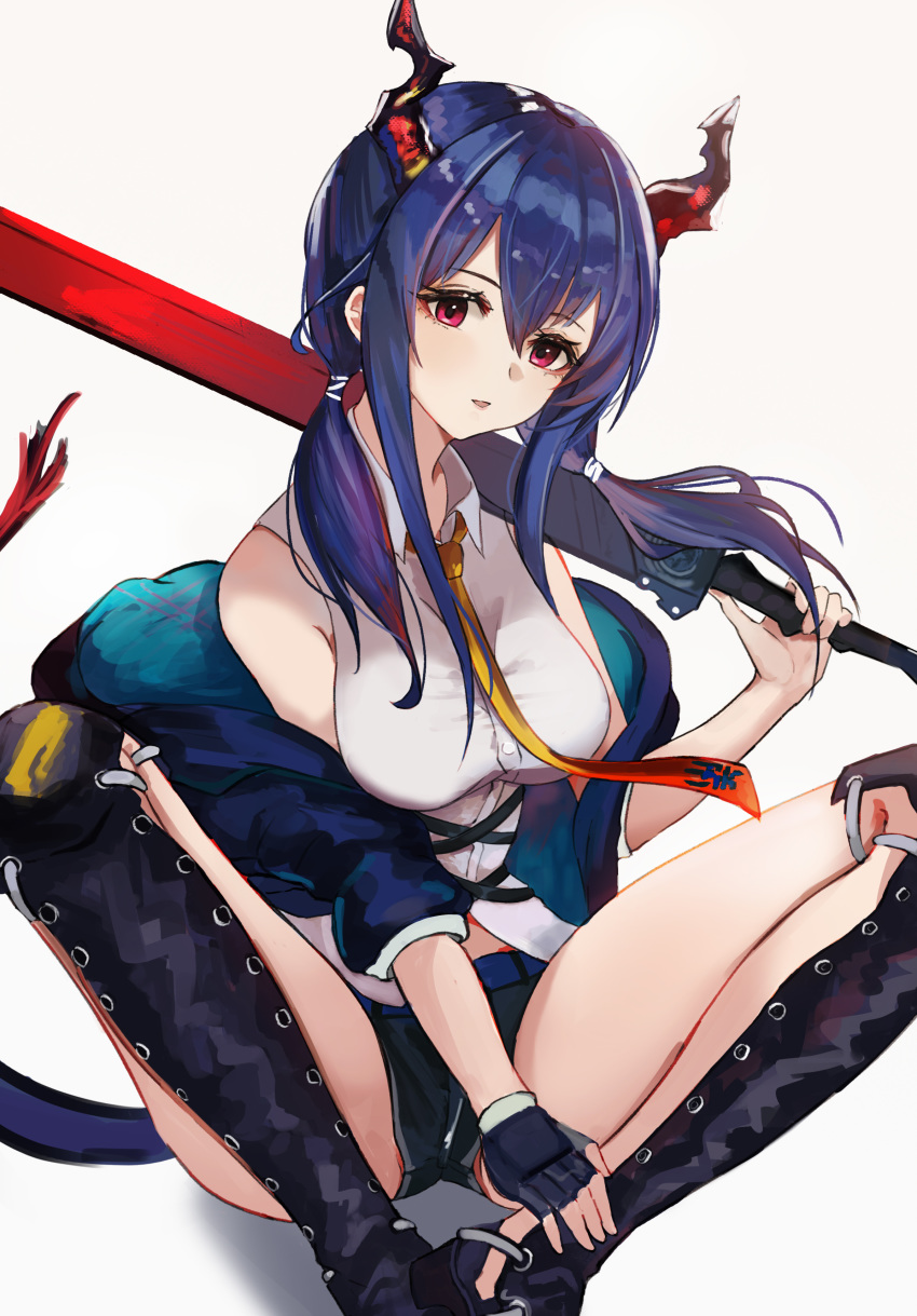 1girl absurdres arknights bangs bare_shoulders blue_hair ch'en_(arknights) chi_xiao_(arknights) commentary dragon_horns highres holding holding_sword holding_weapon horns indian_style kuguiema looking_at_viewer low_twintails off_shoulder red_eyes simple_background sitting solo sword tail twintails weapon white_background